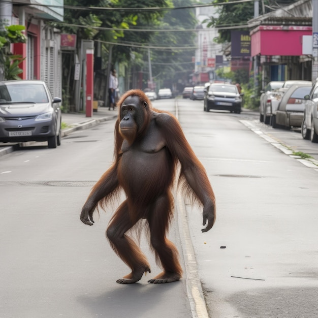 オランウータンと書かれた看板を掲げて通りを渡る猿。