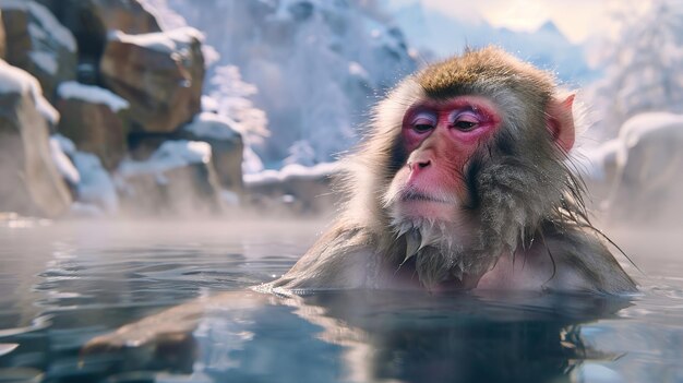 Photo a monkey in the water with a waterfall in the background