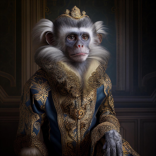 A monkey wearing a blue and gold robe with the word monkey on it.