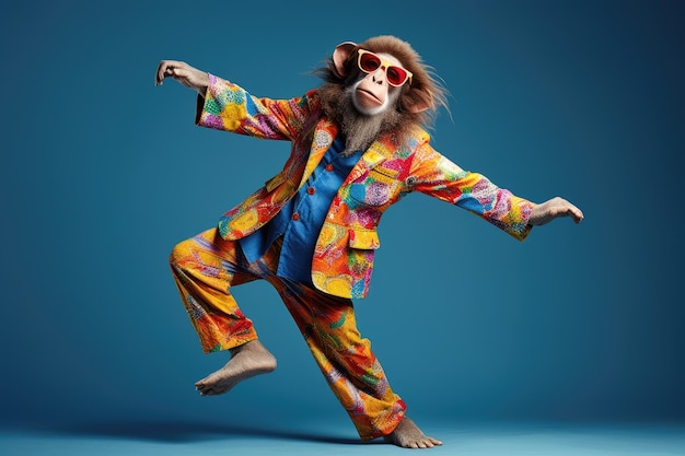 Monkey wearing colorful clothes dancing on the blue background