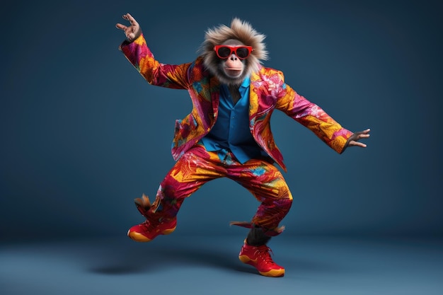 Monkey wearing colorful clothes dancing on the blue background