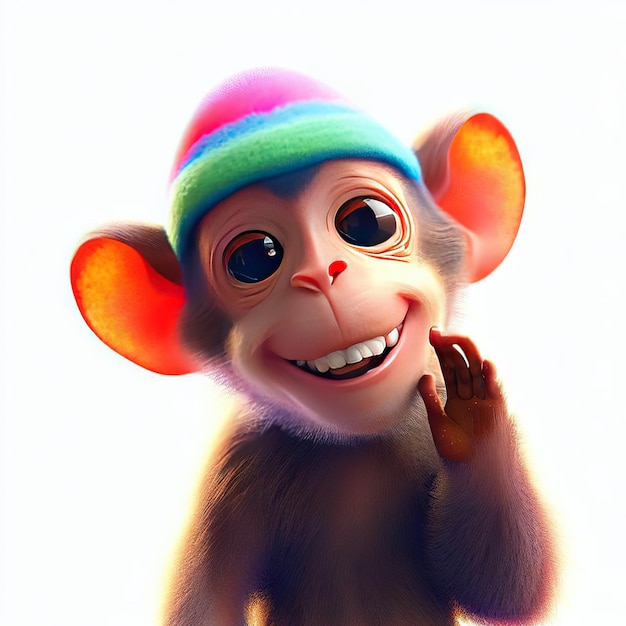 A monkey wearing a colorful hat and waving his hand.