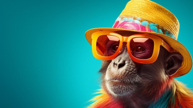 Foto scimmia con un cappello estivo colorato e occhiali da sole alla moda