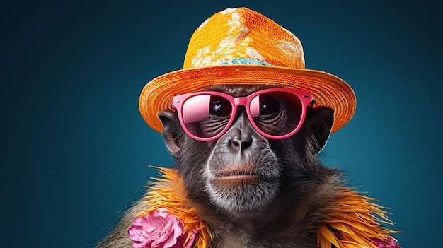色とりどりの夏帽子とスタイリッシュなサングラスを着た猿
