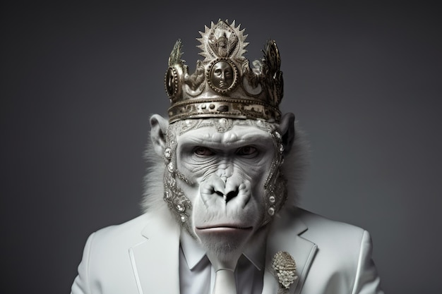 A monkey wearing a crown and a white suit with a crown.
