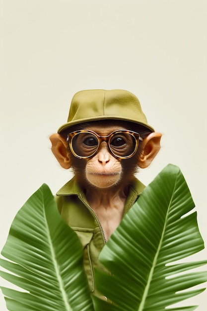 Monkey wearing glasses and hat with banana leaf in front of it Generative AI