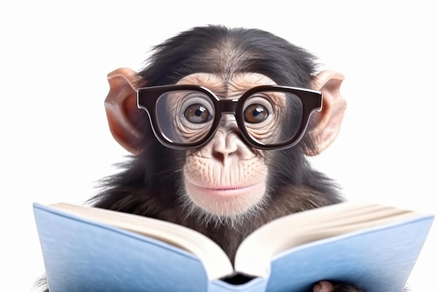 a monkey wearing glasses reading a book