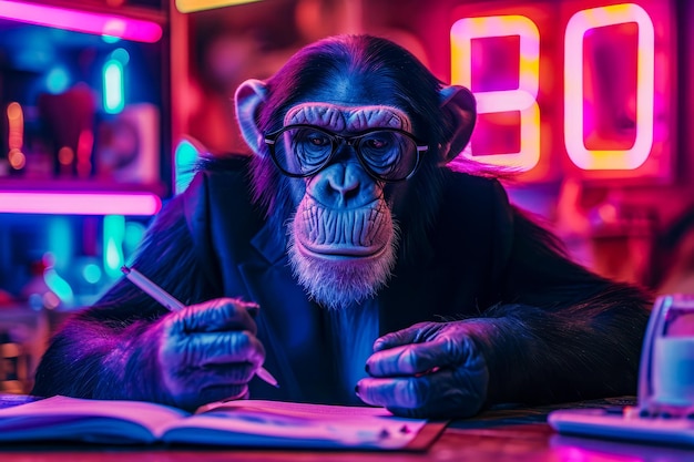 Monkey wearing glasses and suit is holding pen