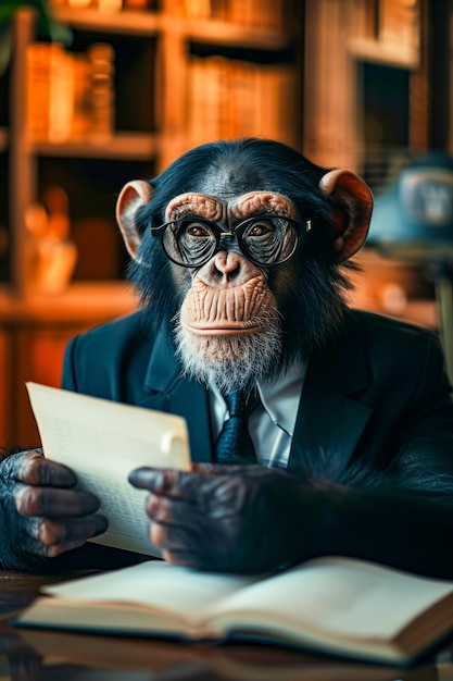Monkey wearing glasses and suit is reading piece of paper