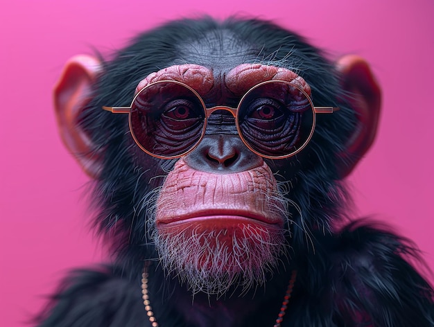 a monkey wearing glasses with a gold necklace on it