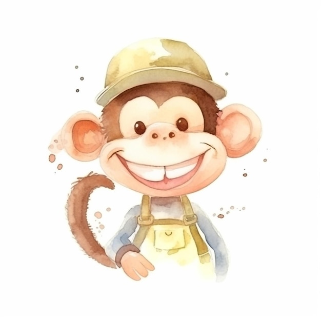 Monkey wearing a hat and overalls. watercolor illustration.