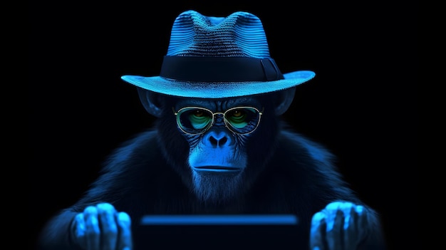 Photo a monkey wearing a hat and sunglasses holds a tablet in front of him.