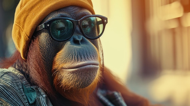 A monkey wearing a hat and sunglasses with glasses on ai