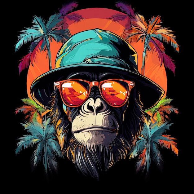 обезьяна в шляпе и солнцезащитных очках с пальмами на заднем плане.