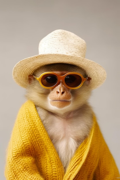 Monkey wearing hat and sunglasses with yellow sweater and white hat Generative AI