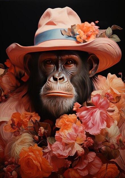 Photo a monkey wearing a hat with flowers on it