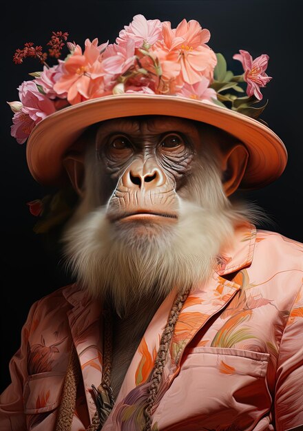 a monkey wearing a hat with flowers on it