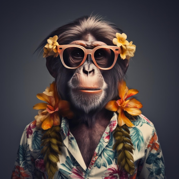 A monkey wearing a Hawaiian shirt and Sunglasses AI generative