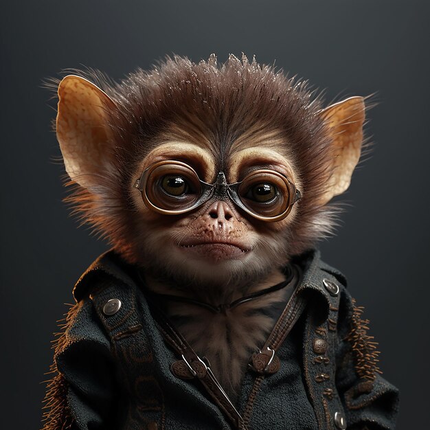 A monkey wearing a jacket and glasses is shown.