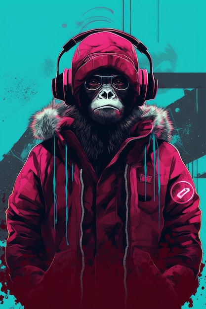 A monkey wearing a jacket and headphones.