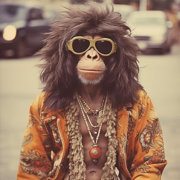 A monkey wearing a jacket and sunglasses is wearing a jacket with a gold chain around it.