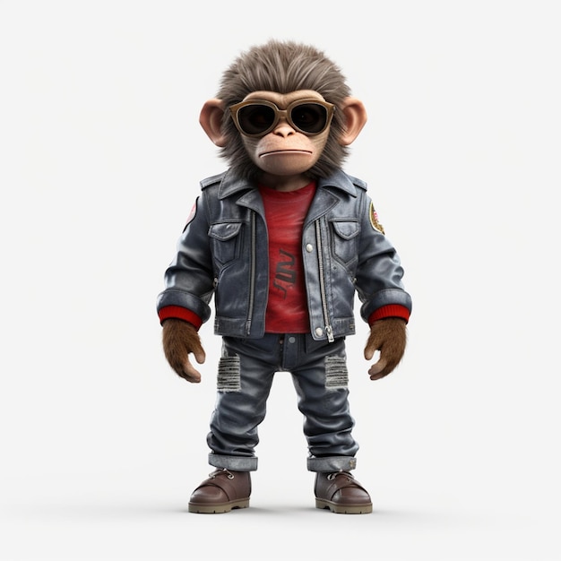 A monkey wearing a jacket and sunglasses stands in front of a white background.