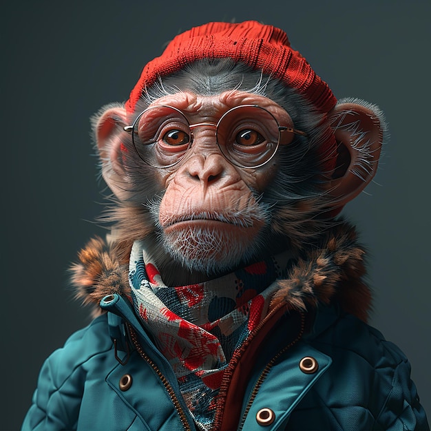 Photo a monkey wearing a jacket with fur collar and a fur collar