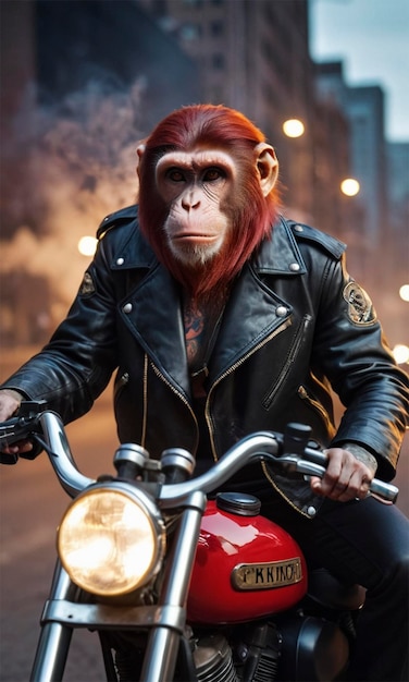 Foto una scimmia che indossa una giacca di pelle sta guidando una motocicletta