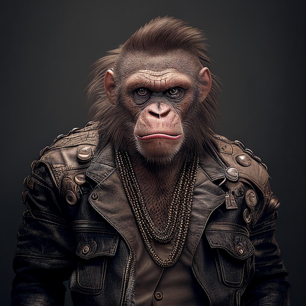 A monkey wearing a leather jacket and a leather jacket.