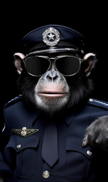 A monkey wearing mirrored dark sunglasses in a police uniform with a stern expression