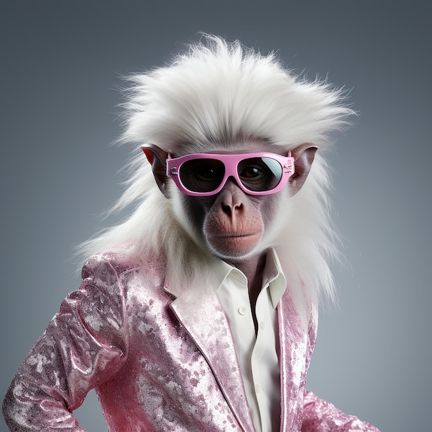 a monkey wearing a pink suit and pink sunglasses