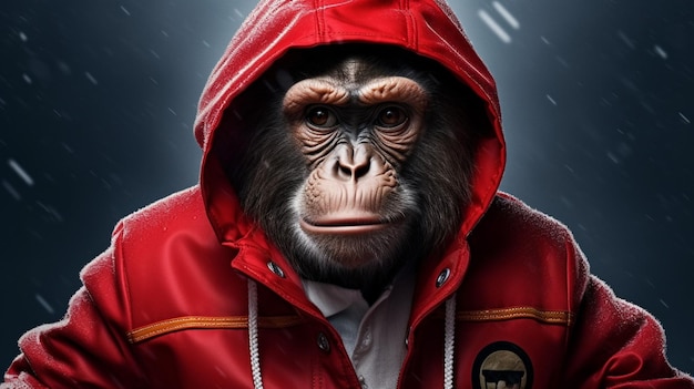Photo a monkey wearing a red jacket and a hoodie