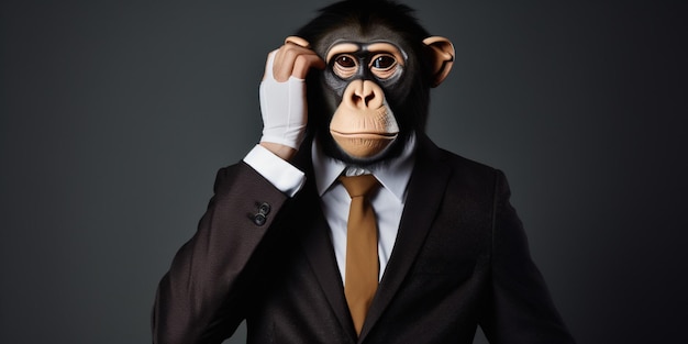 A monkey wearing a suit and gloves holds his hand to his face.