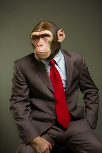 Photo a monkey wearing a suit and tie is sitting on a table.