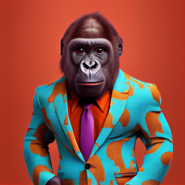 Photo a monkey wearing a suit and tie with a blue shirt and orange pants.