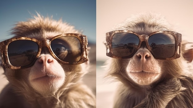 A monkey wearing sunglasses on a beach