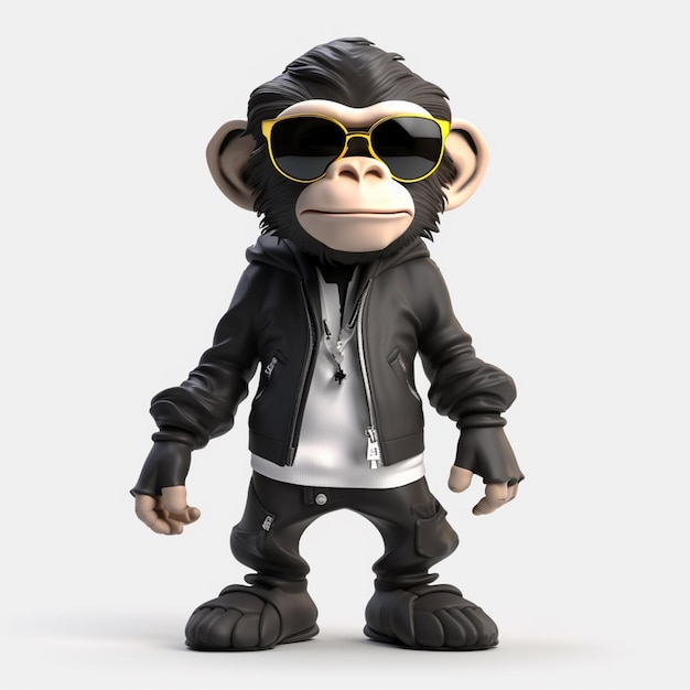 A monkey wearing sunglasses and a jacket that says'monkey'on it