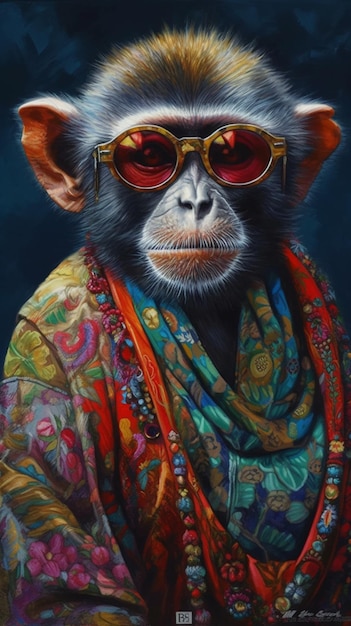 A monkey wearing sunglasses and a shirt that says monkey on it.