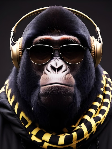 A monkey wearing a sweatshirt and headphones