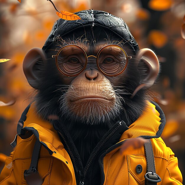 a monkey wearing a yellow jacket and a hat with a hat on it