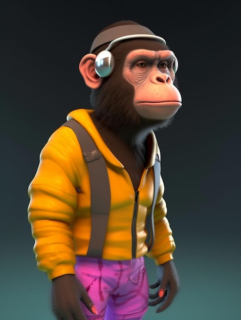 A monkey wearing a yellow jacket and a purple hat