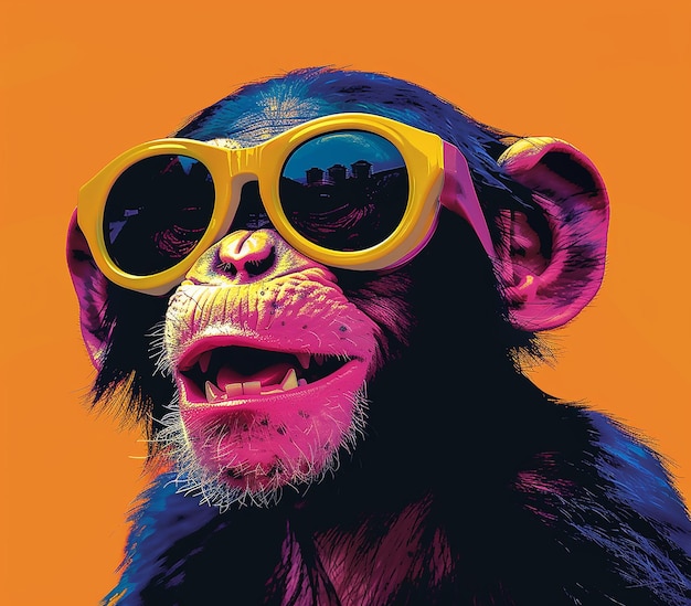 a monkey wearing yellow sunglasses with the word monkey on it