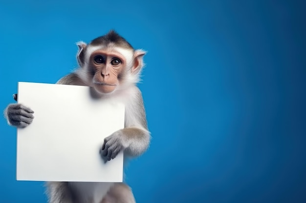 Photo monkey and white paper with space to write warning concept blue background generative ai