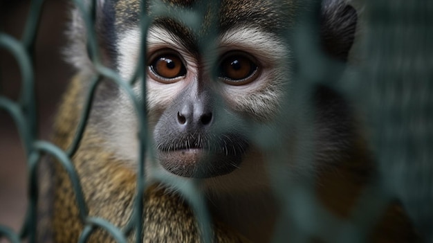 A monkey behind a wire fence is looking through a wire mesh.