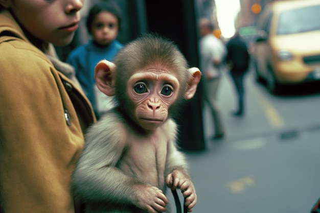 Photo a monkey with a bag of money in his hand