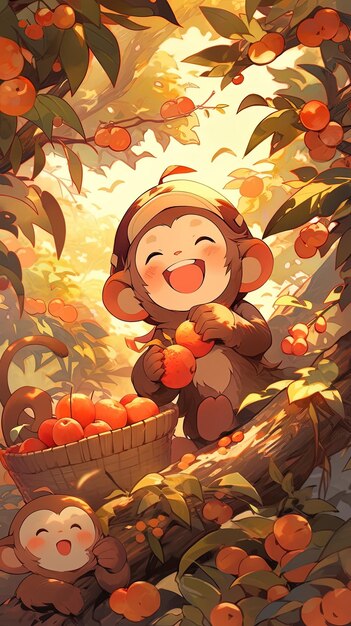 a monkey with a basket of cherries in it