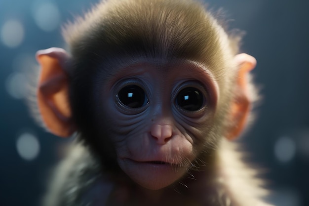 A monkey with big eyes looks at the camera.