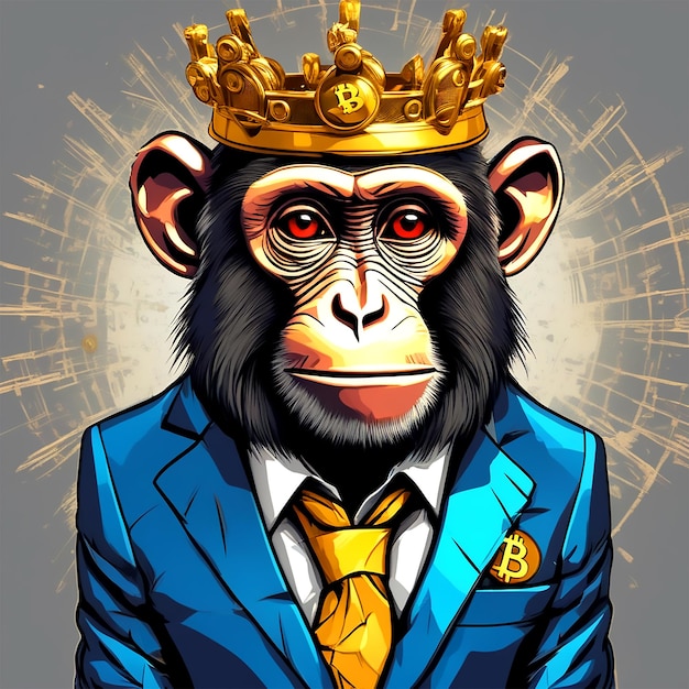 Monkey with a bit coin suit and royal crown on the head and looks straight uhd 4k 32k