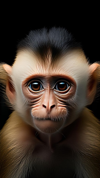 a monkey with a black background that has a face that says  macaque