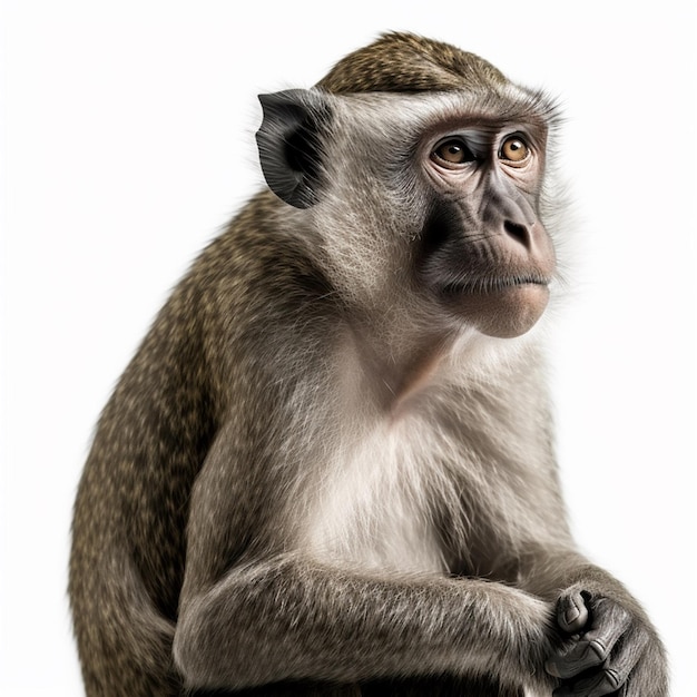 A monkey with a black face and brown eyes sits on a white background.